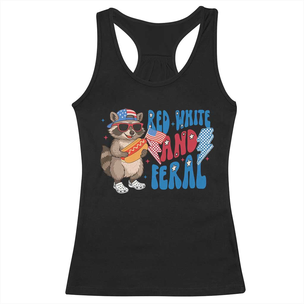 Funny Raccoon 4th of July Racerback Tank Top Red White and Feral Patriotic - Wonder Print Shop