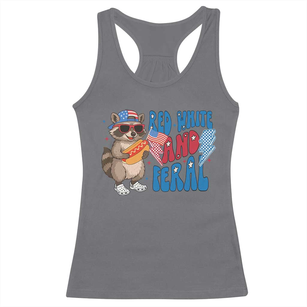 Funny Raccoon 4th of July Racerback Tank Top Red White and Feral Patriotic - Wonder Print Shop