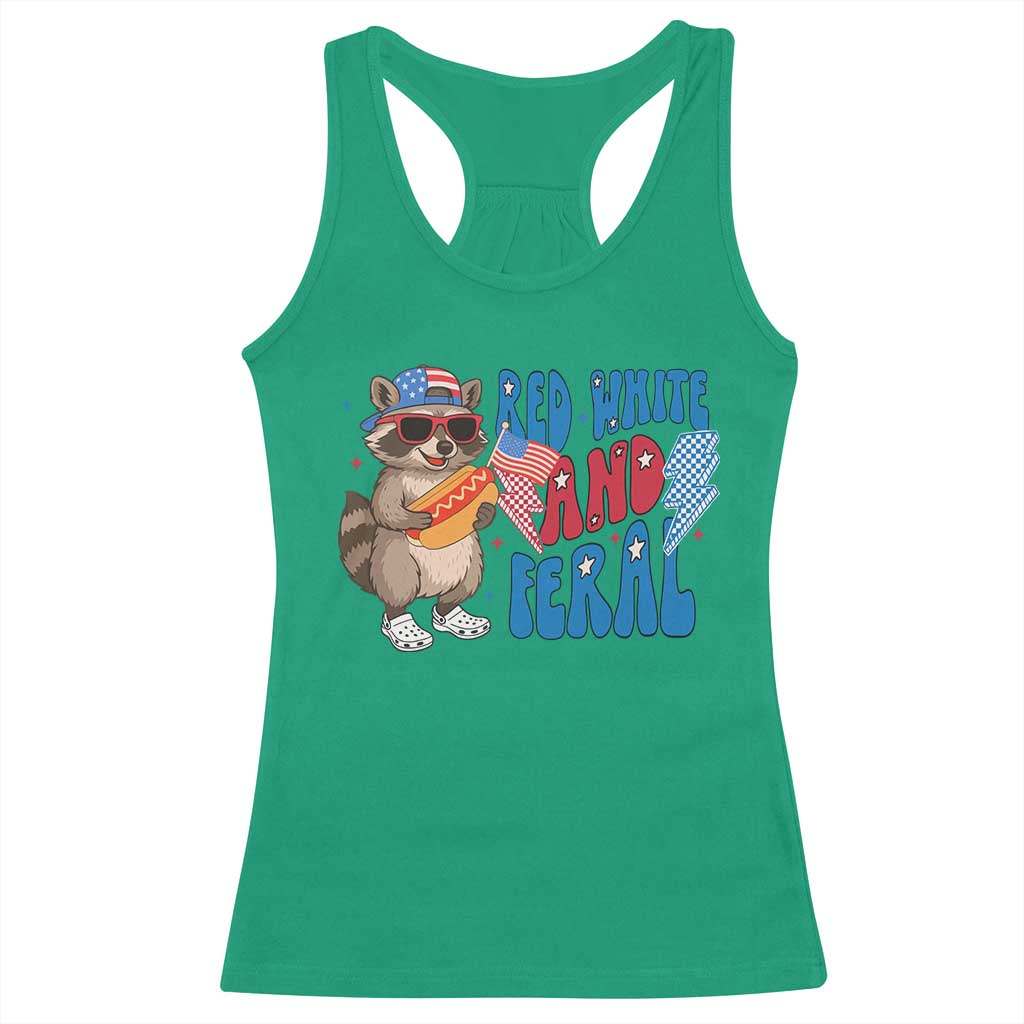 Funny Raccoon 4th of July Racerback Tank Top Red White and Feral Patriotic - Wonder Print Shop