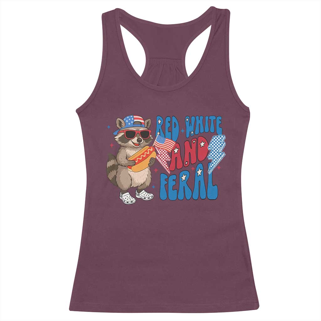 Funny Raccoon 4th of July Racerback Tank Top Red White and Feral Patriotic - Wonder Print Shop