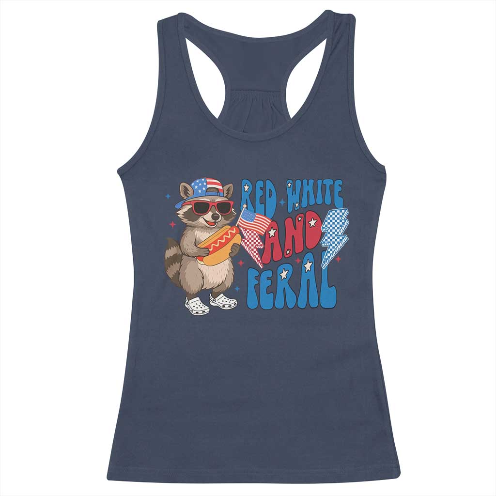 Funny Raccoon 4th of July Racerback Tank Top Red White and Feral Patriotic - Wonder Print Shop