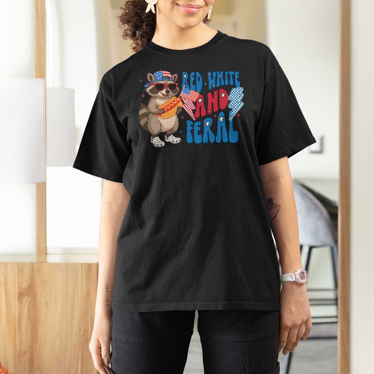 Funny Raccoon 4th of July T Shirt For Women Red White and Feral Patriotic - Wonder Print Shop