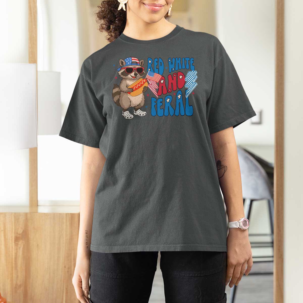 Funny Raccoon 4th of July T Shirt For Women Red White and Feral Patriotic - Wonder Print Shop