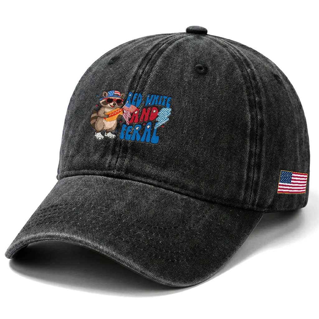 Funny Raccoon 4th of July Washed Cotton Baseball Cap Red White and Feral Patriotic