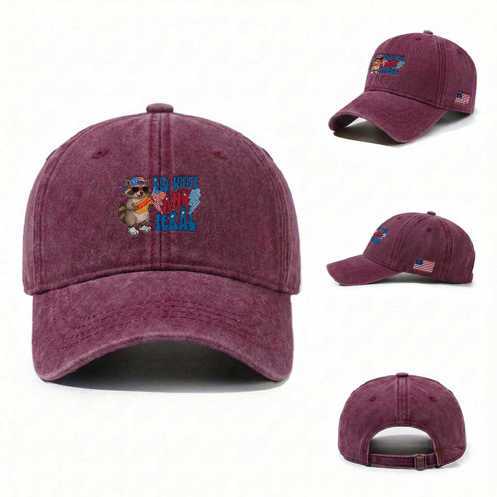 Funny Raccoon 4th of July Washed Cotton Baseball Cap Red White and Feral Patriotic