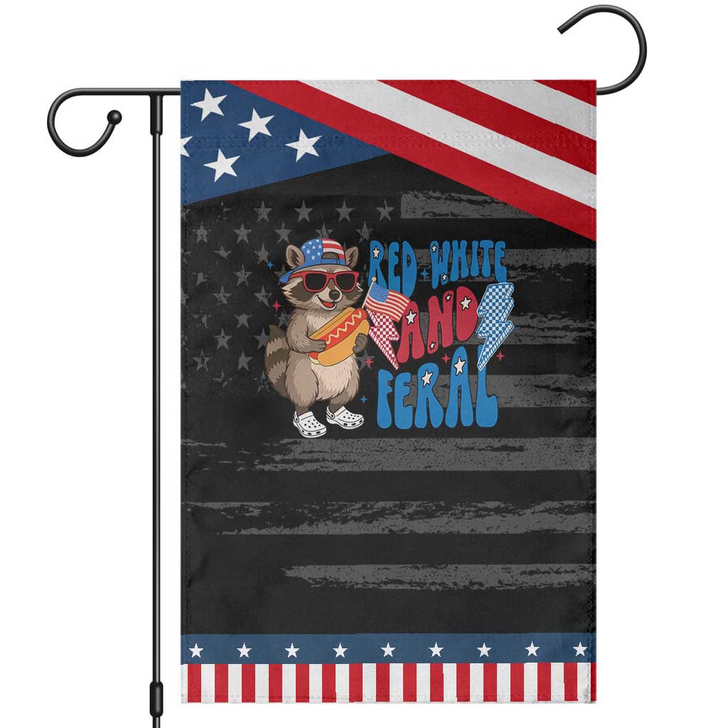 Funny Raccoon 4th of July Garden Flag Red White and Feral Patriotic