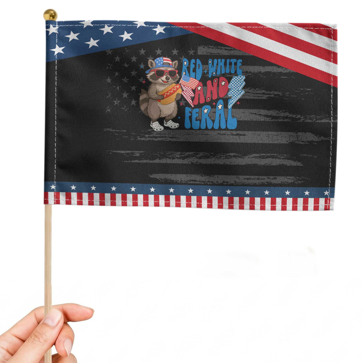 Funny Raccoon 4th of July Patriotic Handheld Flag Red White and Feral