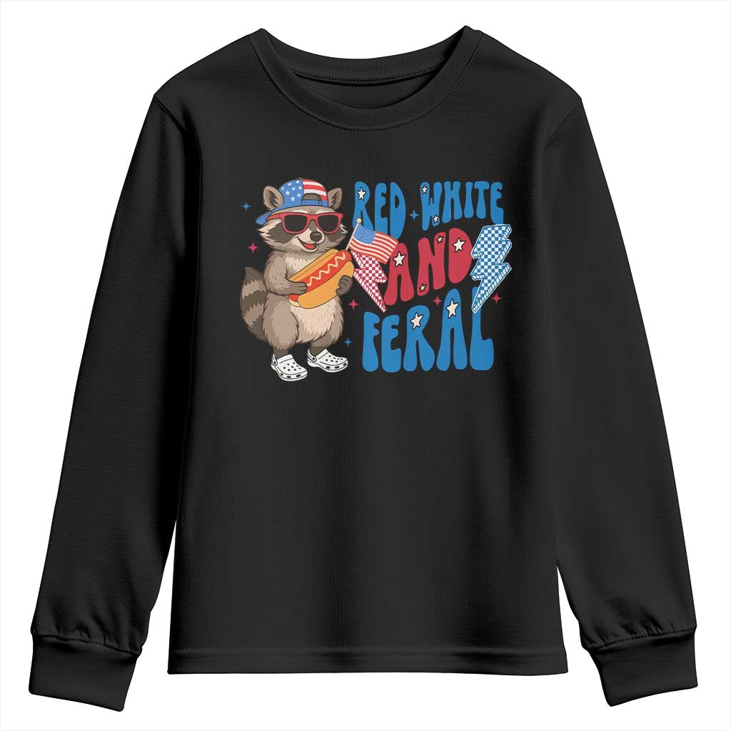 Funny Raccoon 4th of July Youth Sweatshirt Red White and Feral Patriotic - Wonder Print Shop
