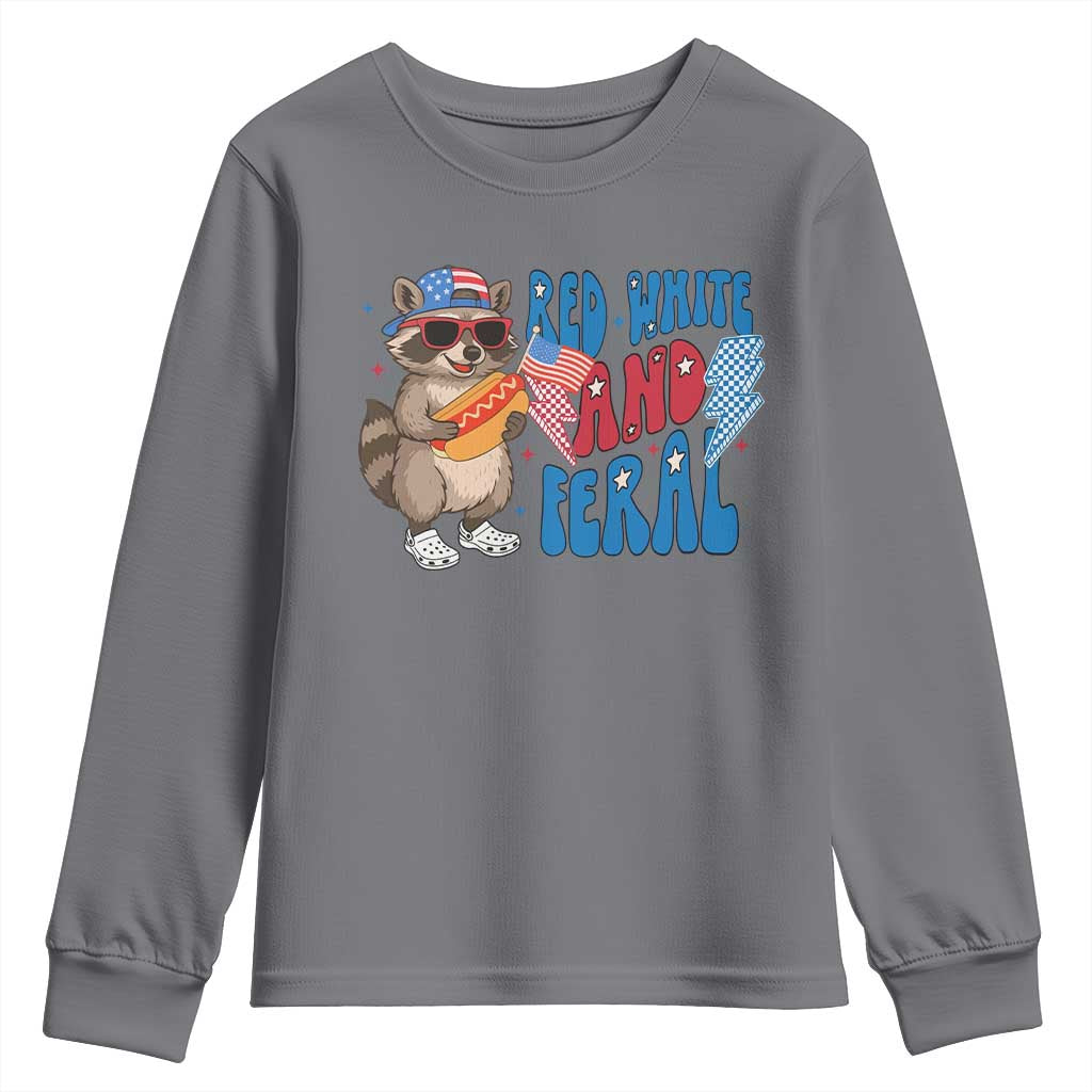 Funny Raccoon 4th of July Youth Sweatshirt Red White and Feral Patriotic - Wonder Print Shop