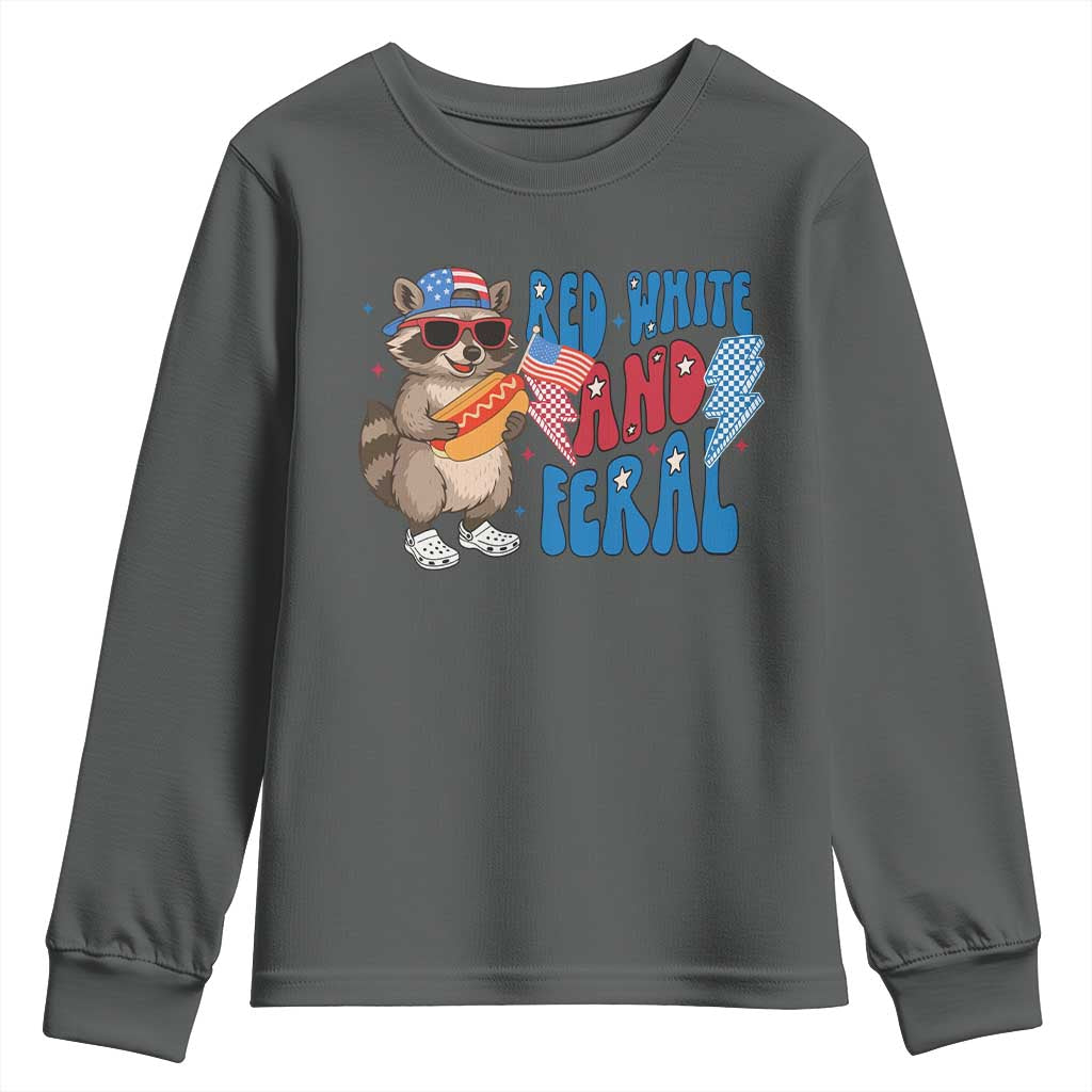 Funny Raccoon 4th of July Youth Sweatshirt Red White and Feral Patriotic - Wonder Print Shop