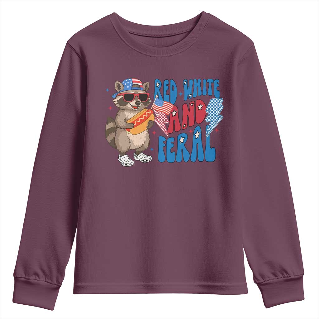 Funny Raccoon 4th of July Youth Sweatshirt Red White and Feral Patriotic - Wonder Print Shop