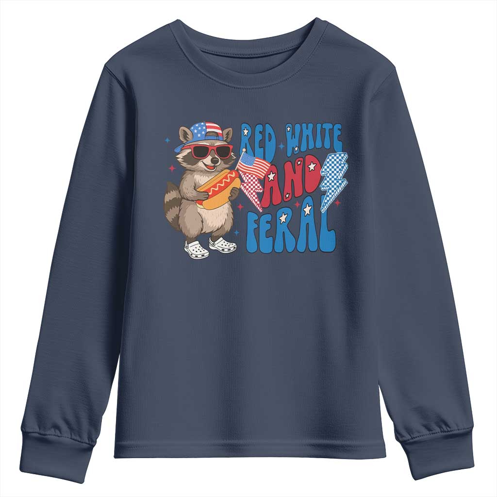 Funny Raccoon 4th of July Youth Sweatshirt Red White and Feral Patriotic - Wonder Print Shop