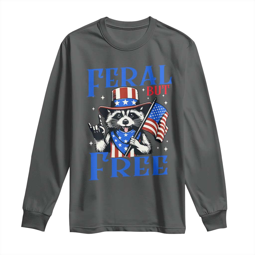 Patriotic Raccoon 4th of July Long Sleeve Shirt Feral But Free USA Flag - Wonder Print Shop
