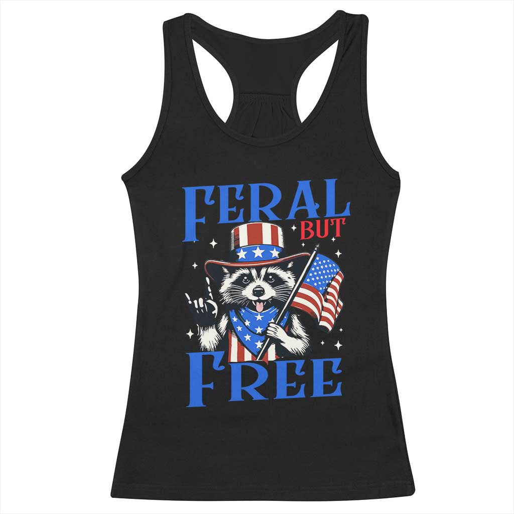 Patriotic Raccoon 4th of July Racerback Tank Top Feral But Free USA Flag - Wonder Print Shop