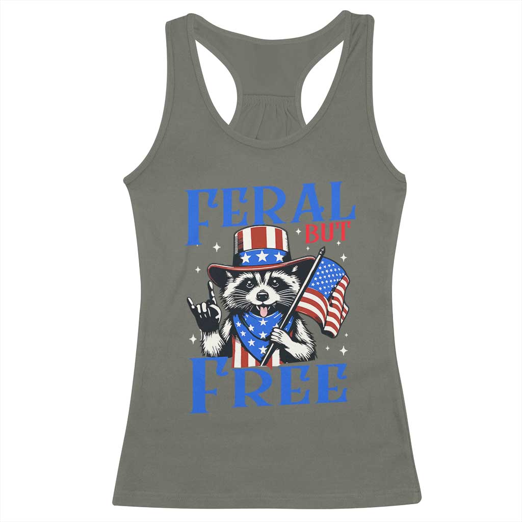 Patriotic Raccoon 4th of July Racerback Tank Top Feral But Free USA Flag - Wonder Print Shop