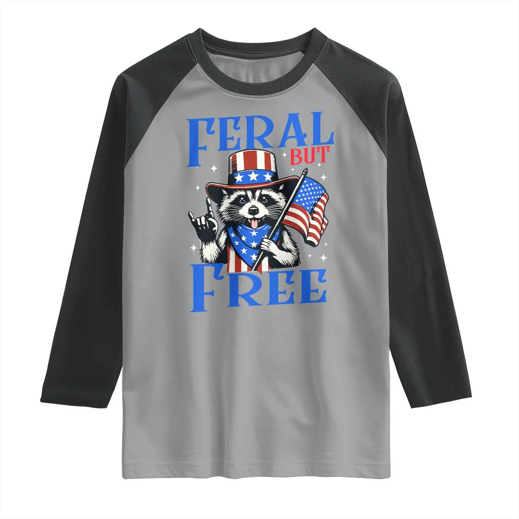 Patriotic Raccoon 4th of July Raglan Shirt Feral But Free USA Flag - Wonder Print Shop