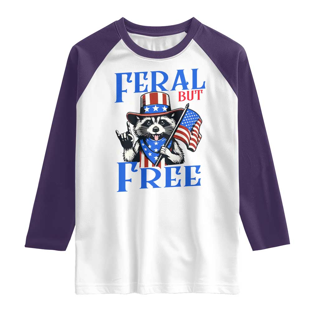 Patriotic Raccoon 4th of July Raglan Shirt Feral But Free USA Flag - Wonder Print Shop