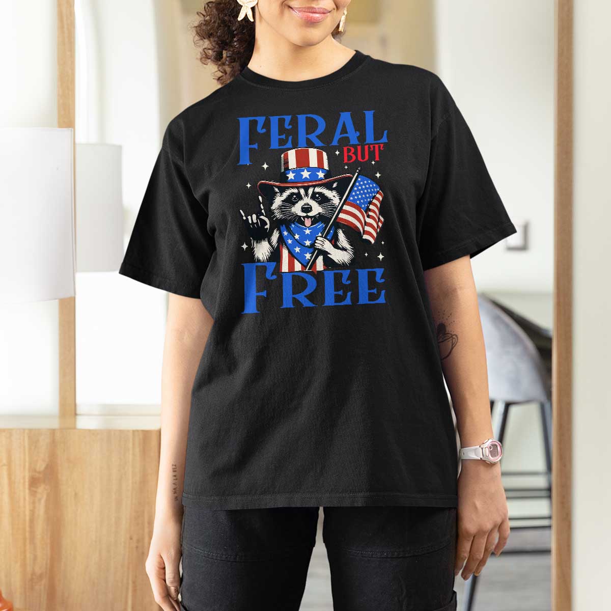 Patriotic Raccoon 4th of July T Shirt For Women Feral But Free USA Flag - Wonder Print Shop