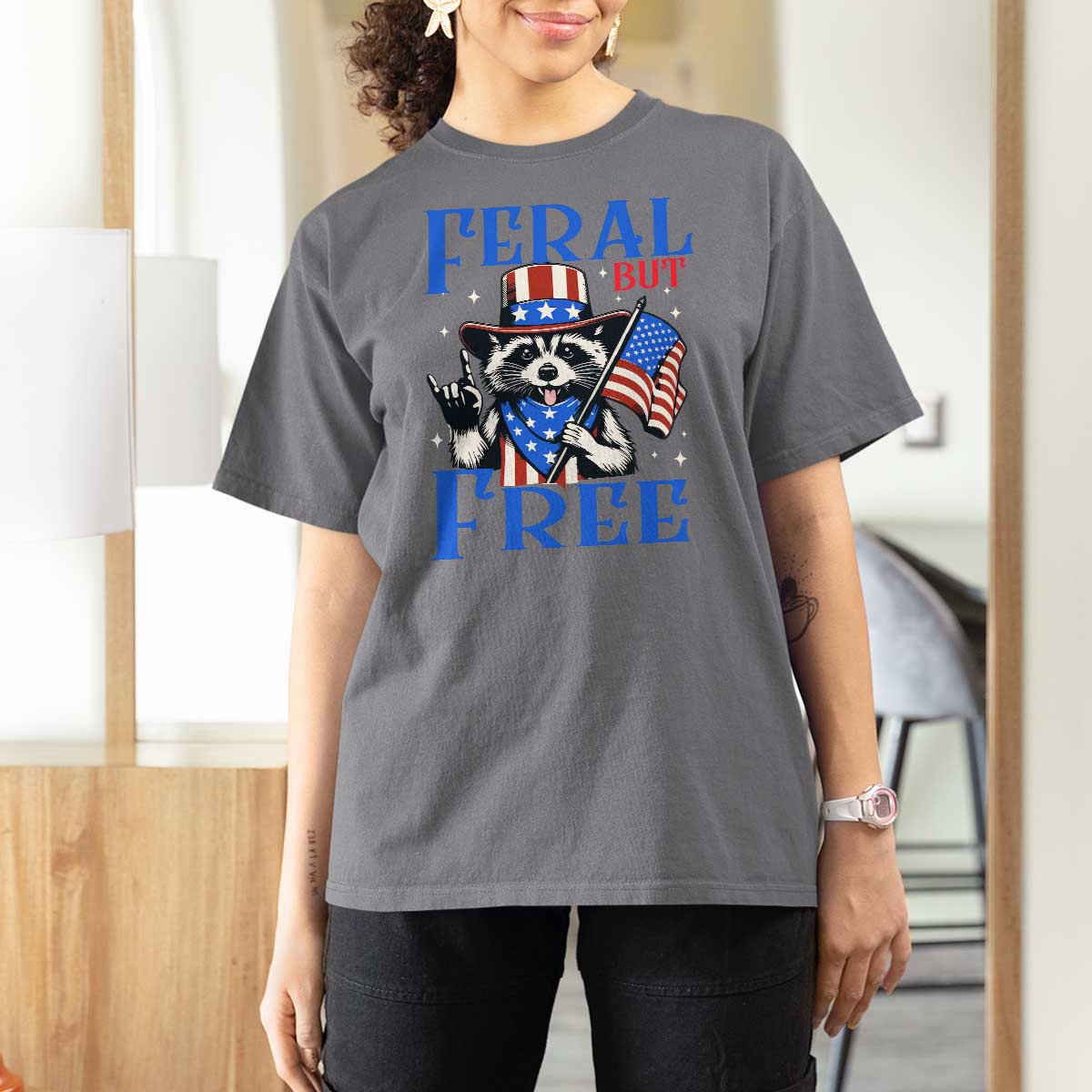 Patriotic Raccoon 4th of July T Shirt For Women Feral But Free USA Flag - Wonder Print Shop