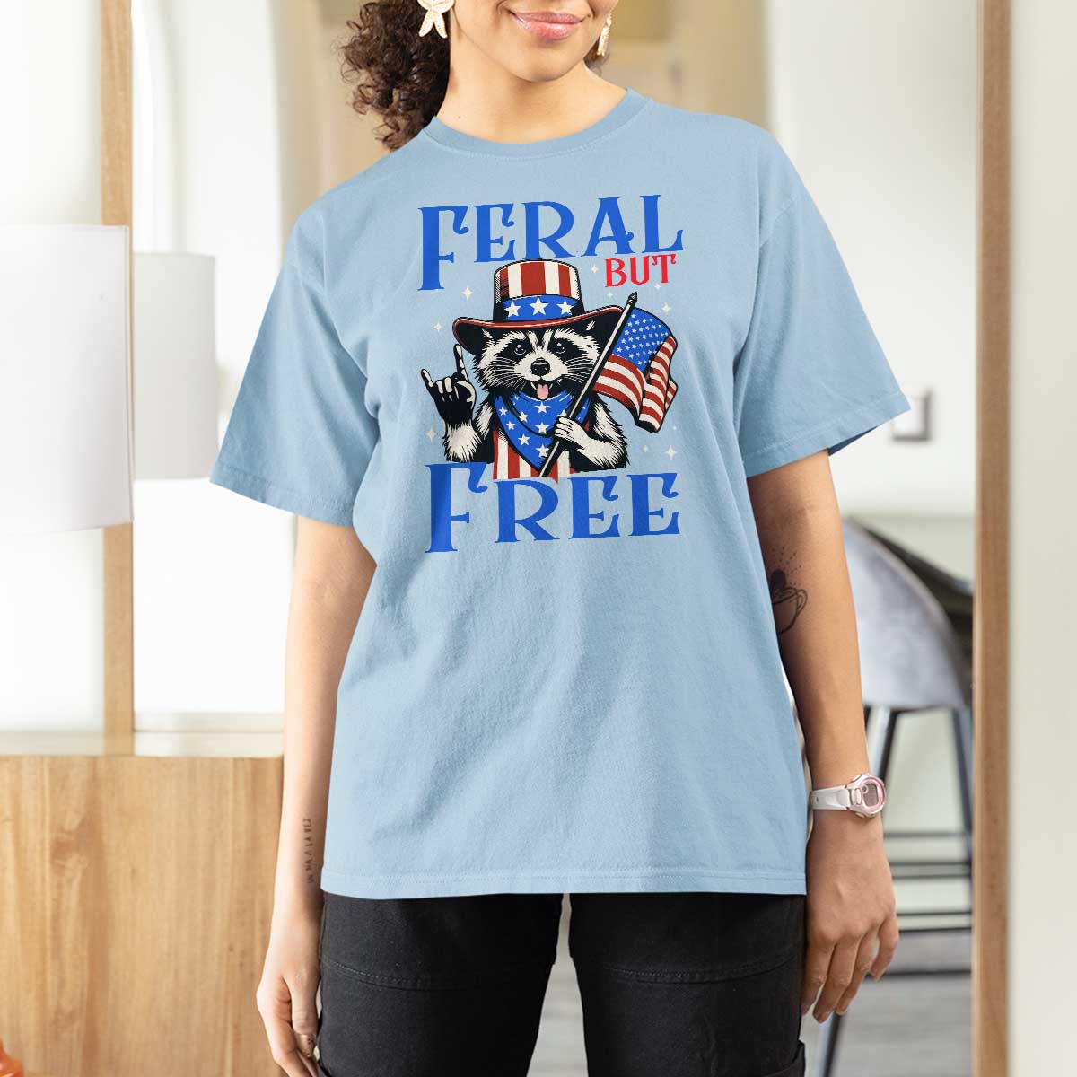 Patriotic Raccoon 4th of July T Shirt For Women Feral But Free USA Flag - Wonder Print Shop