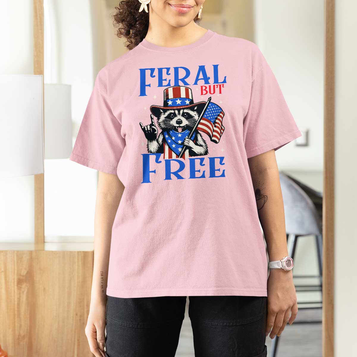 Patriotic Raccoon 4th of July T Shirt For Women Feral But Free USA Flag - Wonder Print Shop