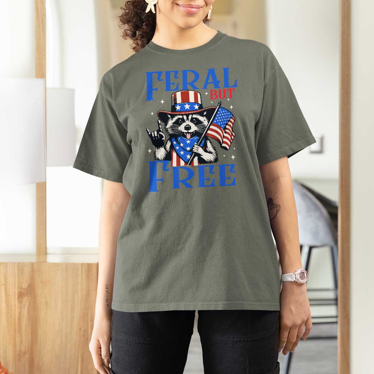 Patriotic Raccoon 4th of July T Shirt For Women Feral But Free USA Flag - Wonder Print Shop