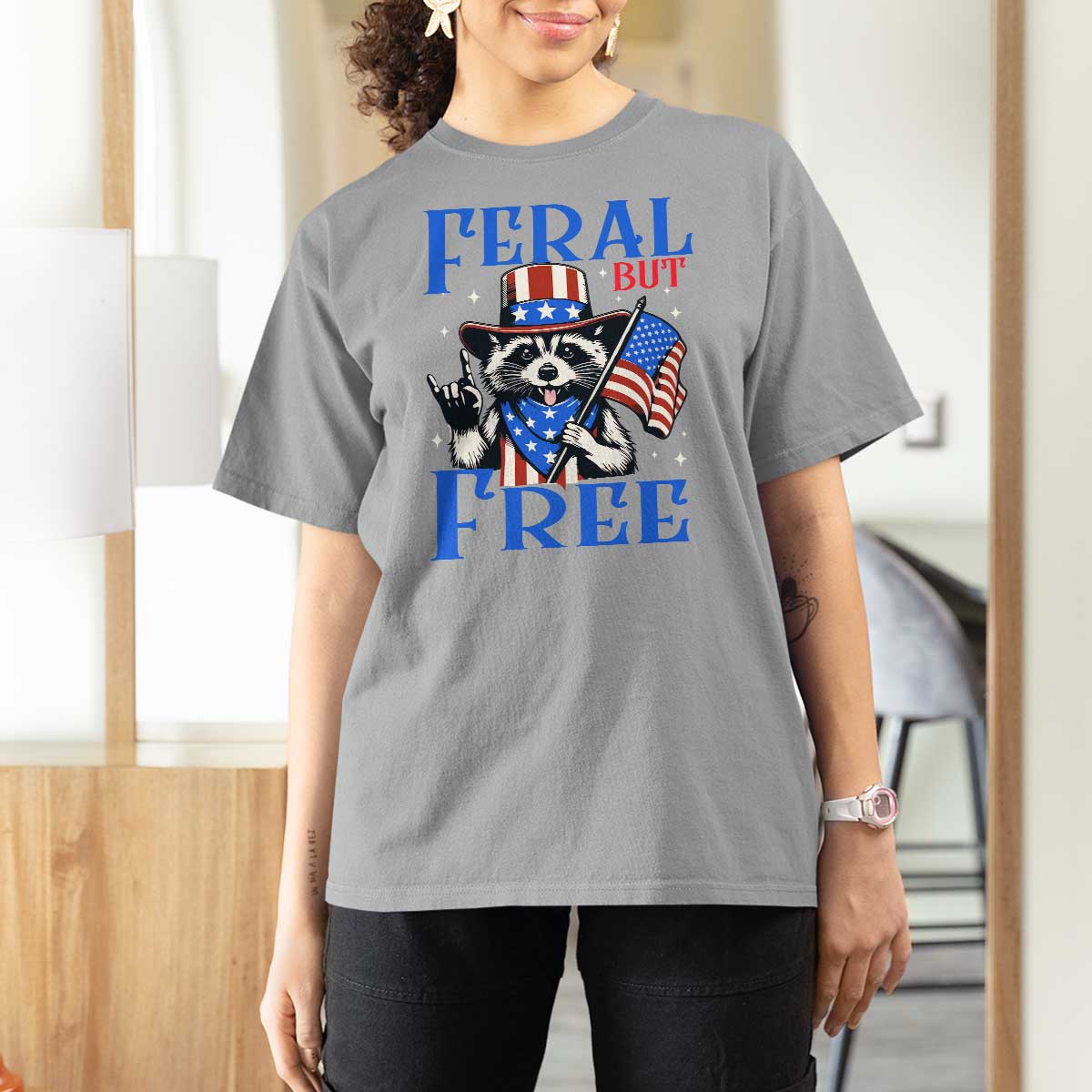 Patriotic Raccoon 4th of July T Shirt For Women Feral But Free USA Flag - Wonder Print Shop
