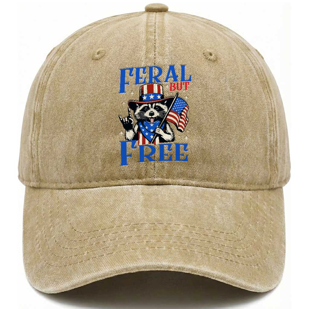 Patriotic Raccoon 4th of July Washed Cotton Baseball Cap Feral But Free USA Flag