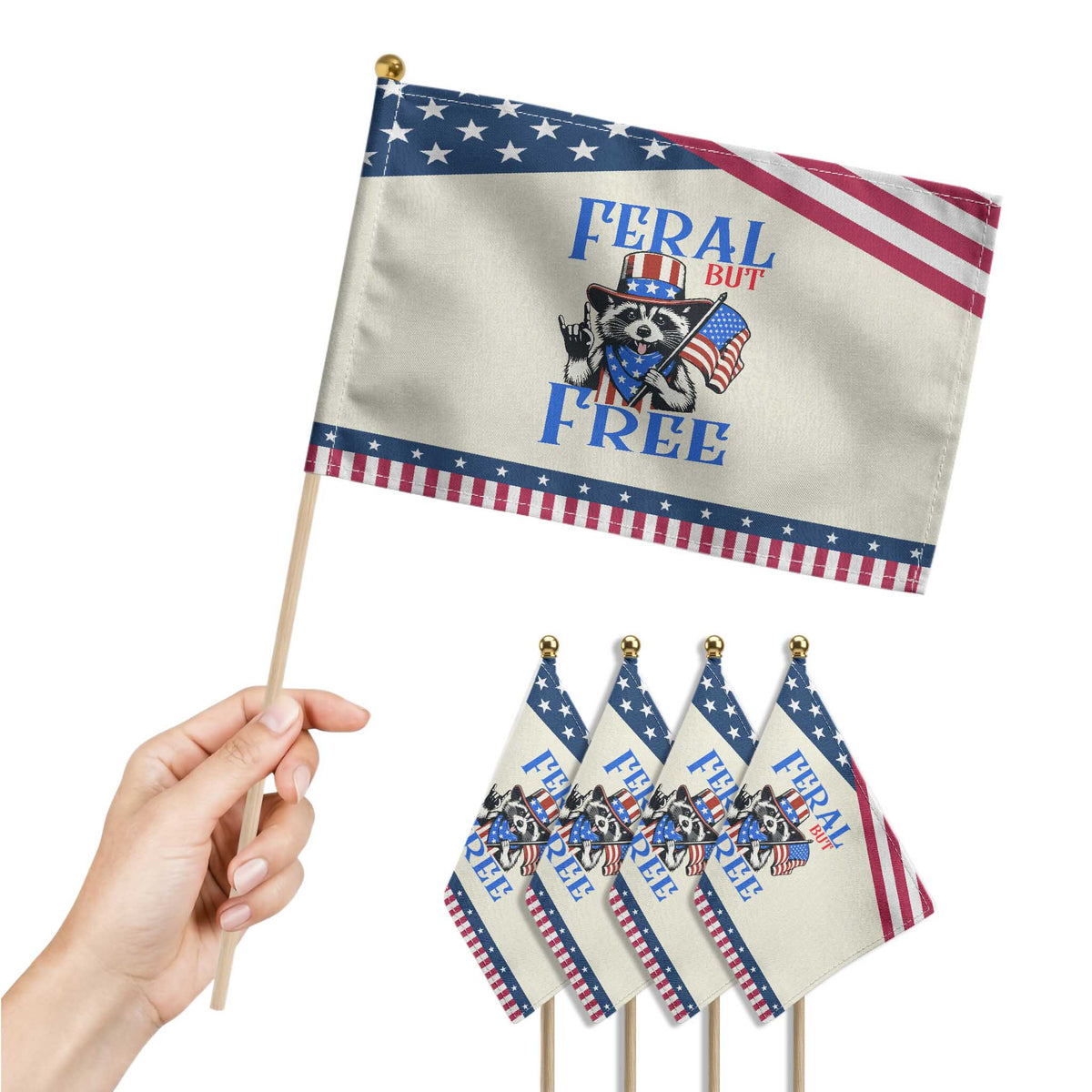 Raccoon 4th of July Patriotic Handheld Flag Feral But Free USA Flag