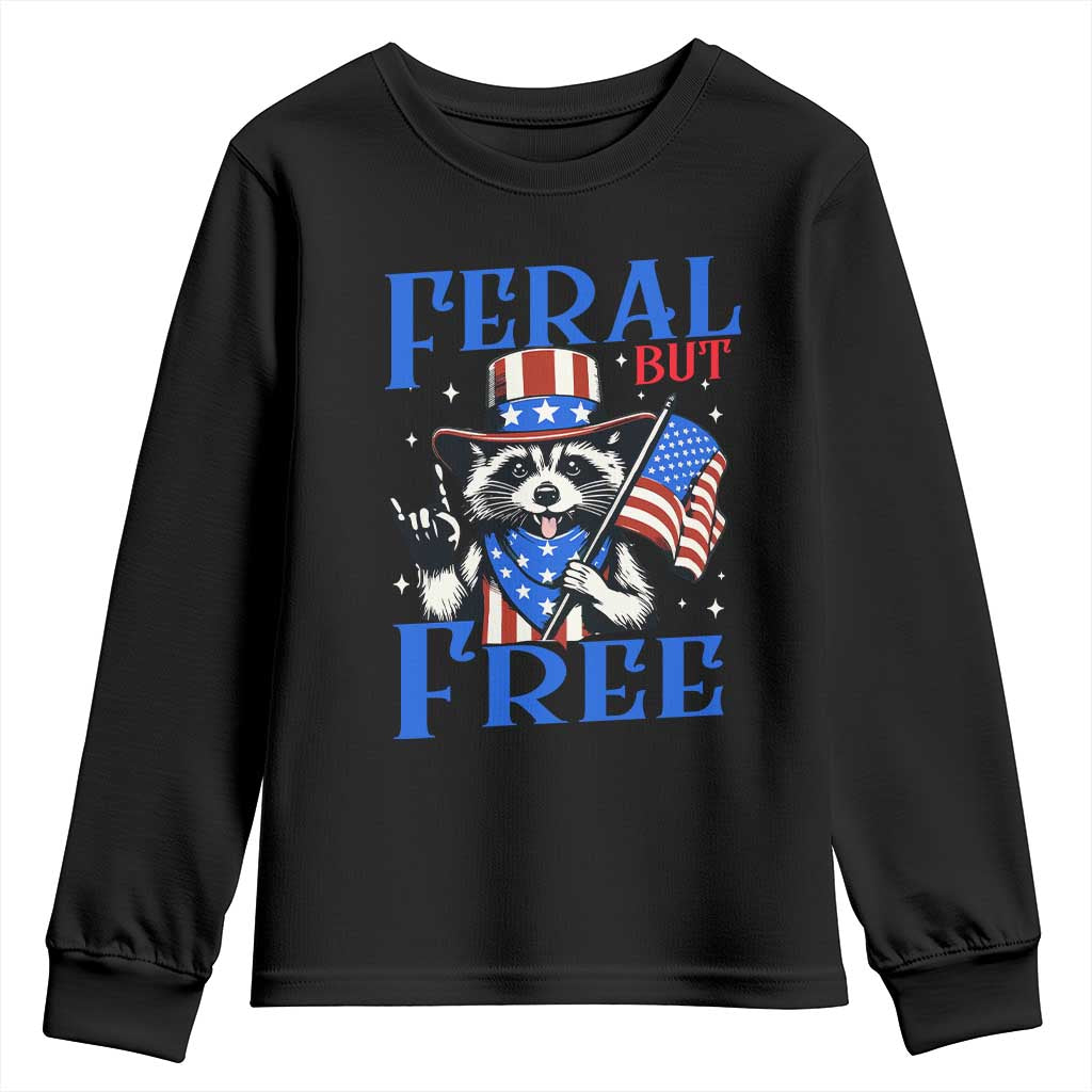 Patriotic Raccoon 4th of July Youth Sweatshirt Feral But Free USA Flag - Wonder Print Shop
