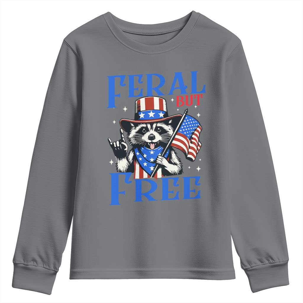 Patriotic Raccoon 4th of July Youth Sweatshirt Feral But Free USA Flag - Wonder Print Shop