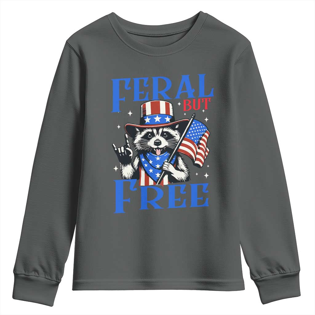Patriotic Raccoon 4th of July Youth Sweatshirt Feral But Free USA Flag - Wonder Print Shop