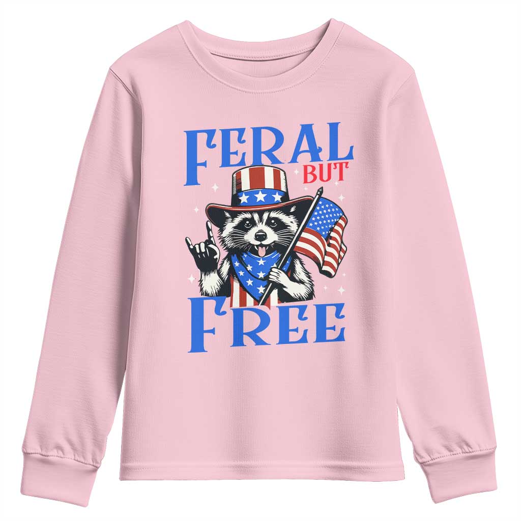 Patriotic Raccoon 4th of July Youth Sweatshirt Feral But Free USA Flag - Wonder Print Shop