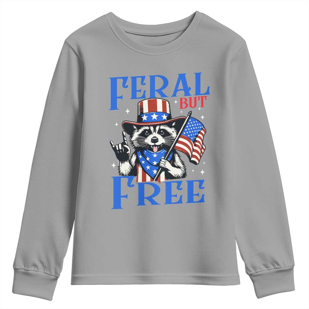 Patriotic Raccoon 4th of July Youth Sweatshirt Feral But Free USA Flag - Wonder Print Shop