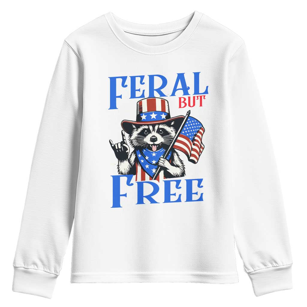 Patriotic Raccoon 4th of July Youth Sweatshirt Feral But Free USA Flag - Wonder Print Shop