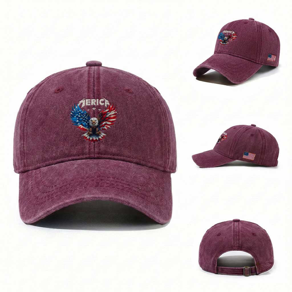 Bald Eagle Merica Washed Cotton Baseball Cap USA American Flag Patriotic 4th of July