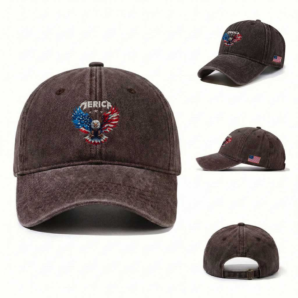 Bald Eagle Merica Washed Cotton Baseball Cap USA American Flag Patriotic 4th of July