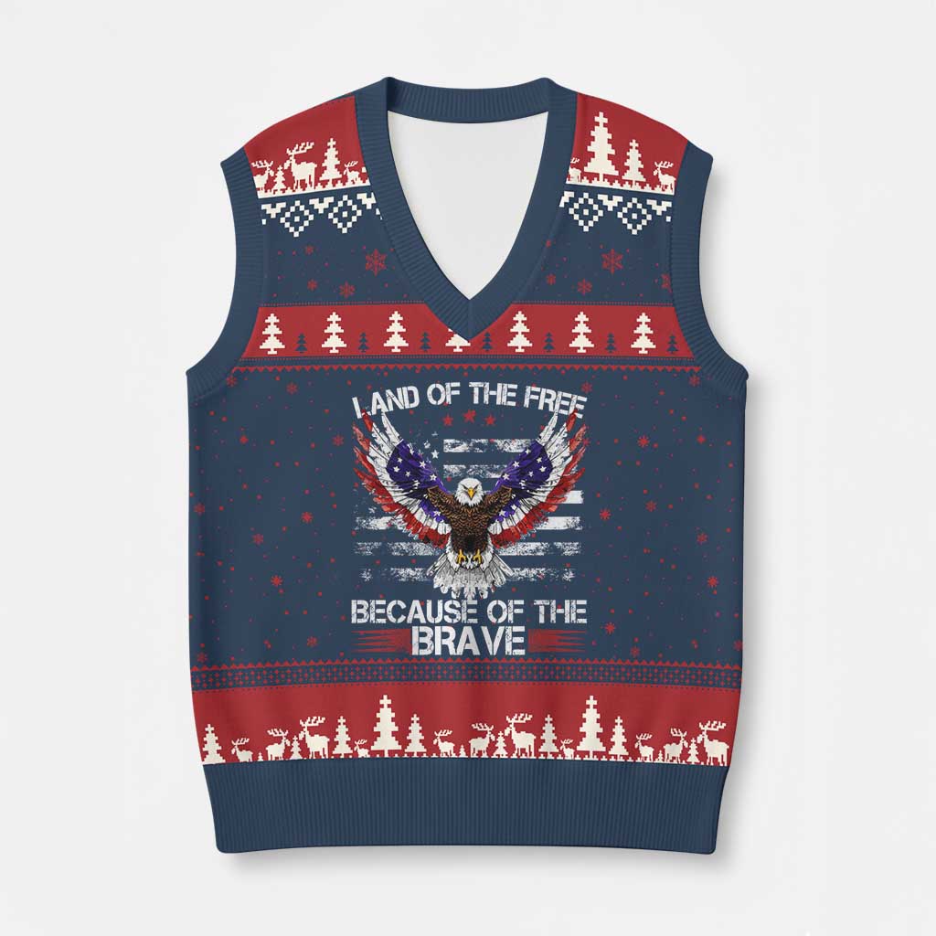 Land of the Free Because of the Brave V-Neck Knit Sweater Vest American Flag Patriotic Eagle 4th of July - Wonder Print Shop