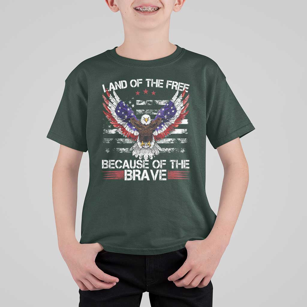 Land of the Free Because of the Brave T Shirt For Kid American Flag Patriotic Eagle 4th of July - Wonder Print Shop