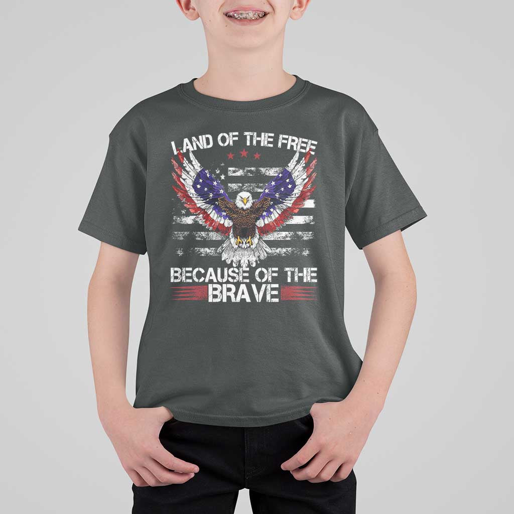 Land of the Free Because of the Brave T Shirt For Kid American Flag Patriotic Eagle 4th of July - Wonder Print Shop