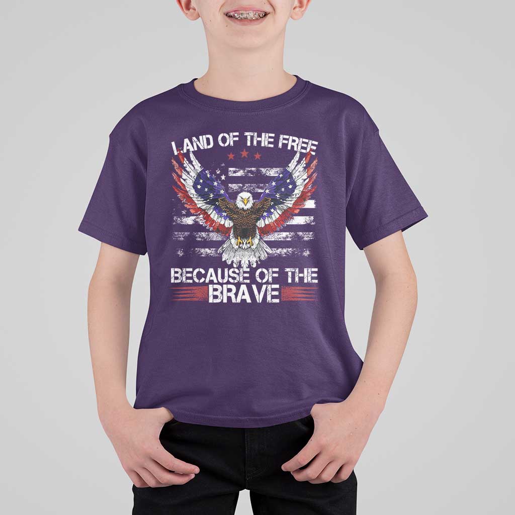 Land of the Free Because of the Brave T Shirt For Kid American Flag Patriotic Eagle 4th of July - Wonder Print Shop