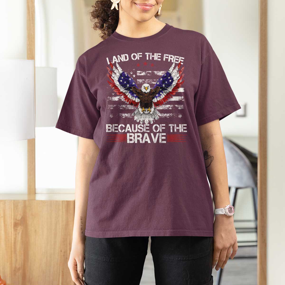Land of the Free Because of the Brave T Shirt For Women American Flag Patriotic Eagle 4th of July - Wonder Print Shop