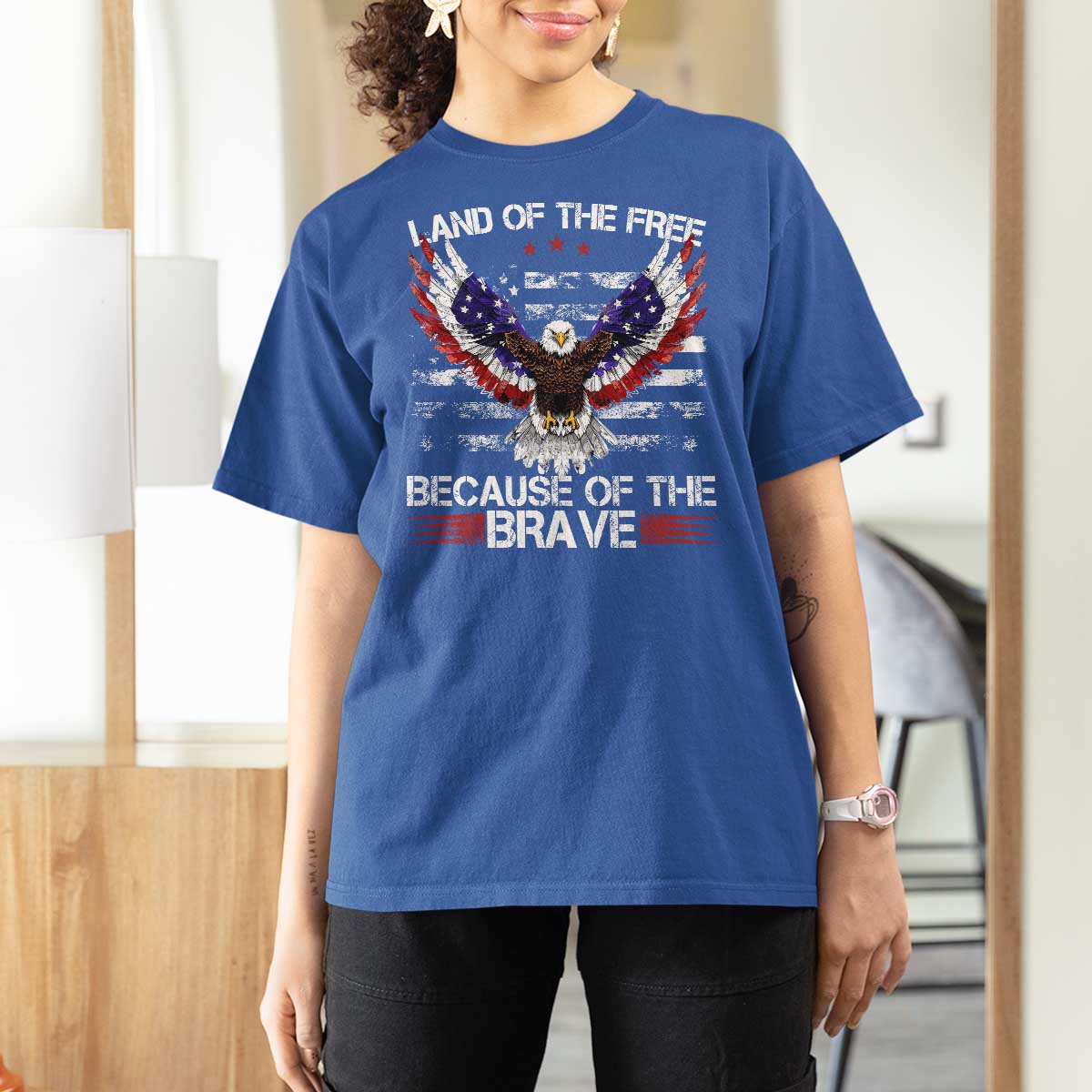 Land of the Free Because of the Brave T Shirt For Women American Flag Patriotic Eagle 4th of July - Wonder Print Shop