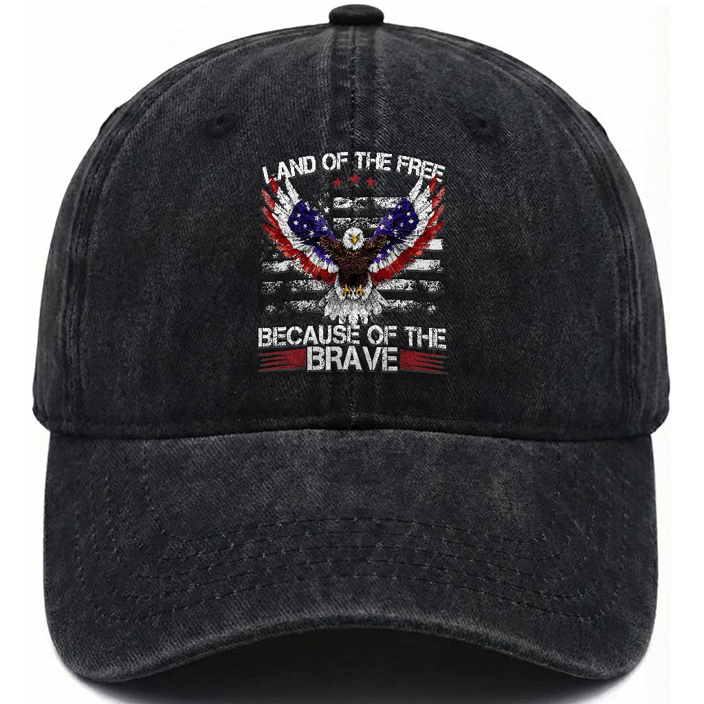 Land of the Free Because of the Brave Washed Cotton Baseball Cap American Flag Patriotic Eagle 4th of July