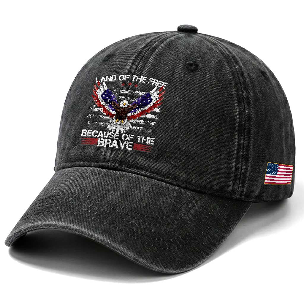 Land of the Free Because of the Brave Washed Cotton Baseball Cap American Flag Patriotic Eagle 4th of July