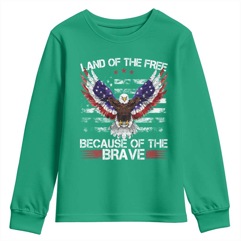 Land of the Free Because of the Brave Youth Sweatshirt American Flag Patriotic Eagle 4th of July - Wonder Print Shop