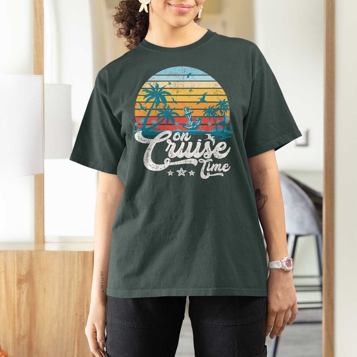 On Cruise Time T Shirt For Women Retro Summer Vacation Cruising - Wonder Print Shop