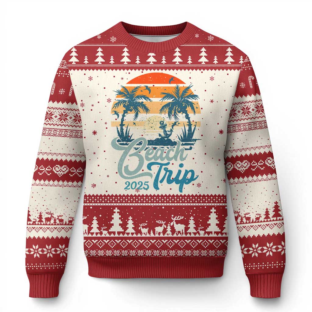 Beach Trip 2025 Ugly Christmas Sweater Summer Vacation Vintage 70's Retro - Wonder Print Shop