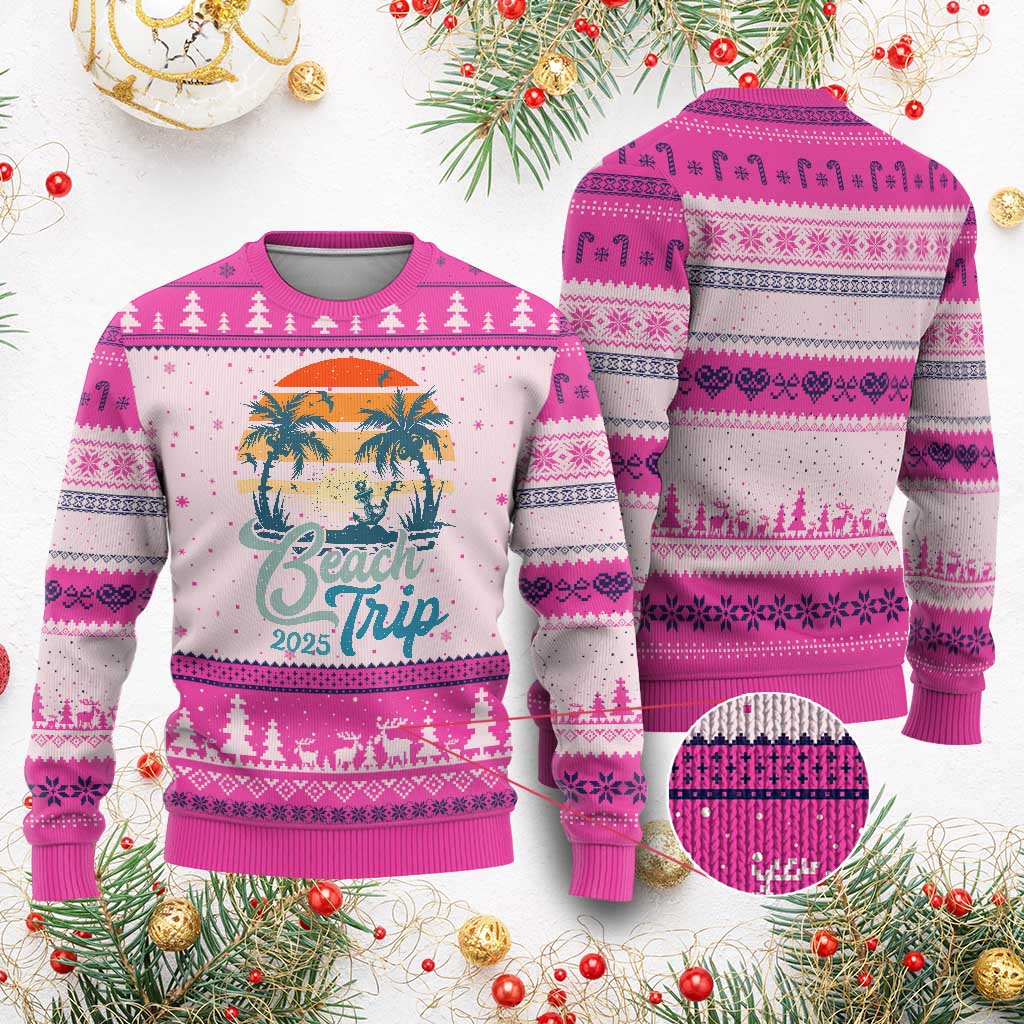 Beach Trip 2025 Ugly Christmas Sweater Summer Vacation Vintage 70's Retro - Wonder Print Shop