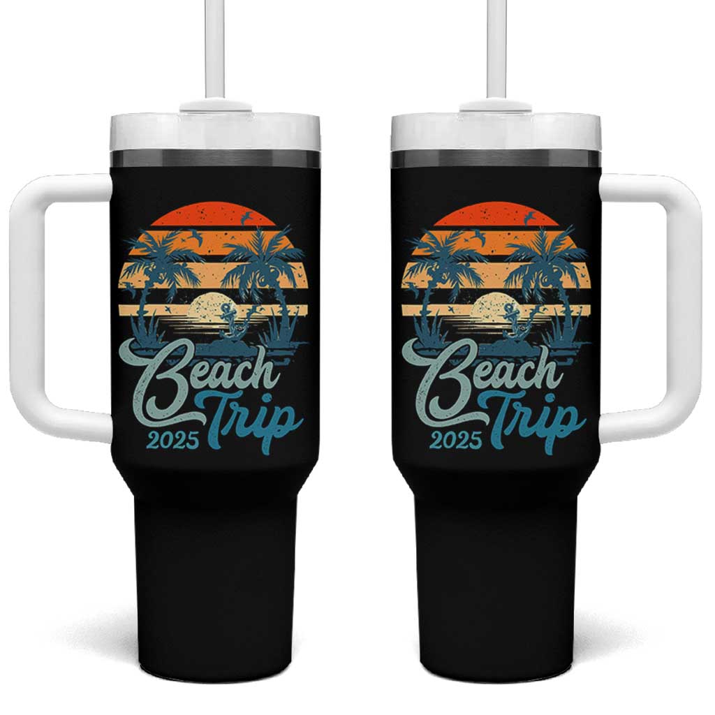 Beach Trip 2025 Tumbler With Handle Summer Vacation Vintage 70's Retro - Wonder Print Shop